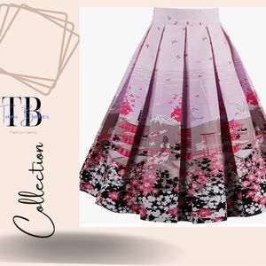 Vintage Pleated Skirt Floral A-line Printed Midi